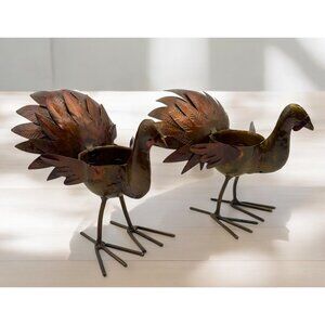 Vintage Metal Turkey Tea Light Votive Candle Holders Copper Tones Thanksgiving